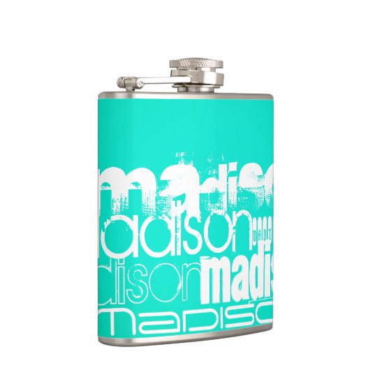 Aangepaste Naam, Wit en Neon Aqua Turquoise Heupfles (Rechts)