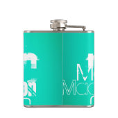 Aangepaste Naam, Wit en Neon Aqua Turquoise Heupfles (Achterkant)