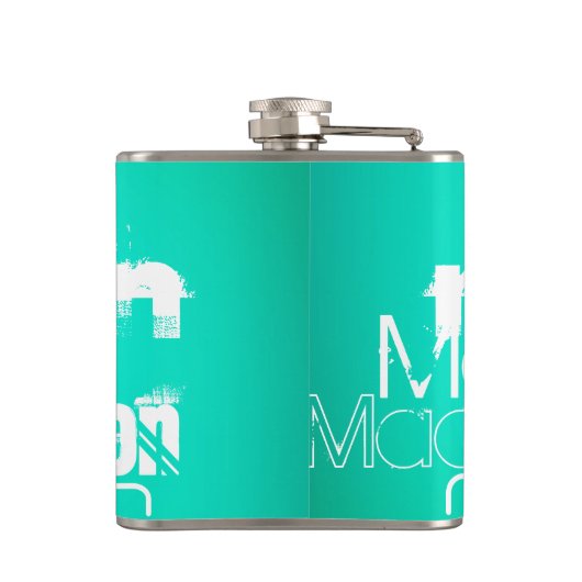 Aangepaste Naam, Wit en Neon Aqua Turquoise Heupfles (Achterkant)