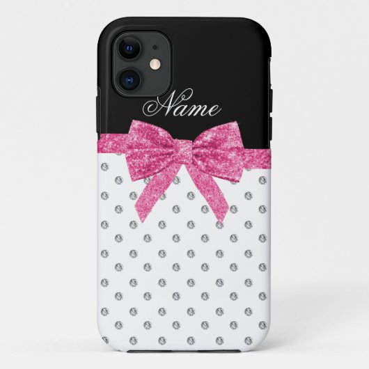 Aangepaste naam witte diamanten roze glitterboog Case-Mate iPhone case (Achterkant)