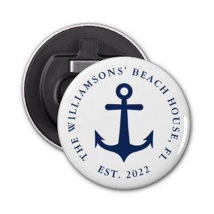 Aangepaste naam Witte marine Blauw Anchor Nautical Button Flesopener