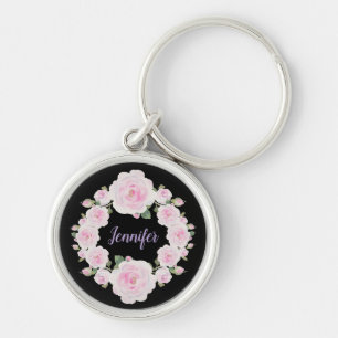 Aangepaste naam, zachte roze rozen krans metalen s sleutelhanger