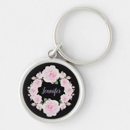 Aangepaste naam, zachte roze rozen krans metalen s sleutelhanger (Voorkant)