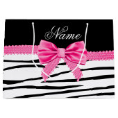 Aangepaste naam zebra gestreepte roze boog large cadeautasje (Voorkant)