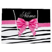 Aangepaste naam zebra gestreepte roze boog large cadeautasje (Achterkant)