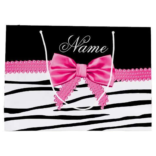 Aangepaste naam zebra gestreepte roze boog large cadeautasje (Achterkant)