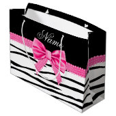 Aangepaste naam zebra gestreepte roze boog large cadeautasje (Achterkant Gekanteld)