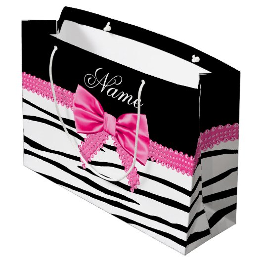 Aangepaste naam zebra gestreepte roze boog large cadeautasje (Achterkant Gekanteld)