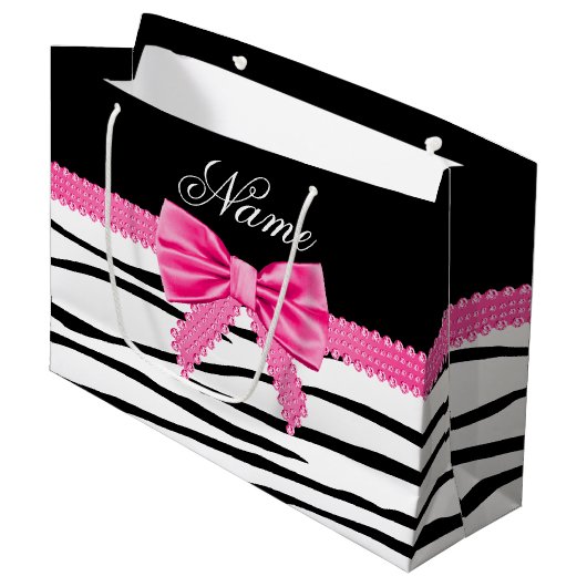 Aangepaste naam zebra gestreepte roze boog large cadeautasje (Voorkant Gekanteld)
