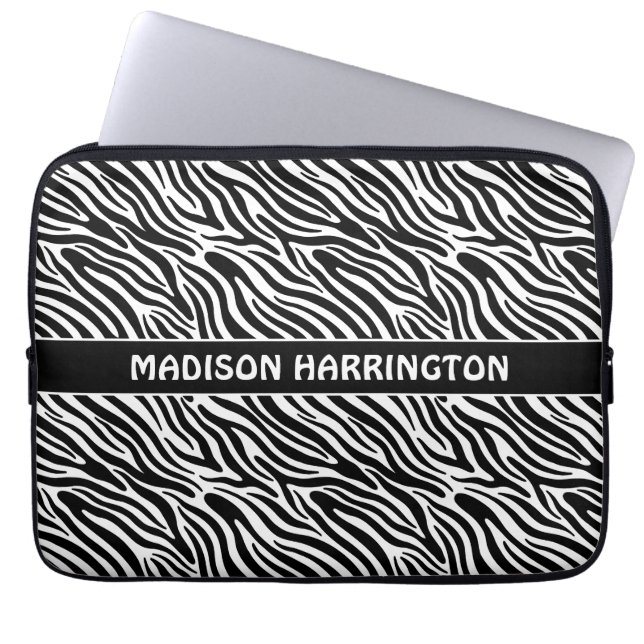 Aangepaste naam zebrapatroon laptop sleeve (Voorkant)