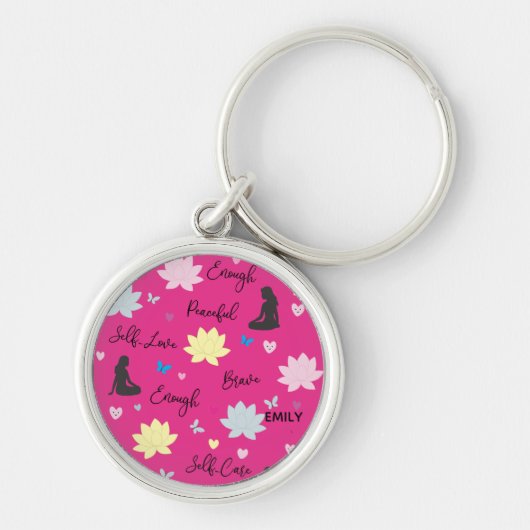 Aangepaste naam Zelfliefde Roze Bloemen Sleutelhanger (Voorkant)