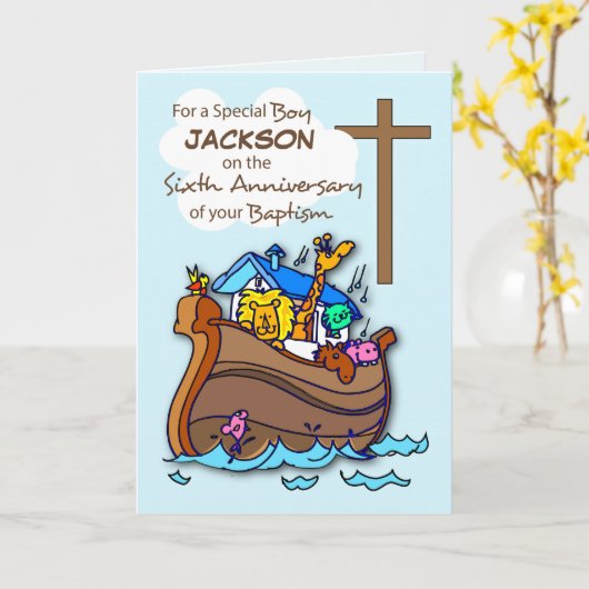 Aangepaste naam Zesde Jubileum van Baptism Boy Ark Kaart (Gele Bloem)
