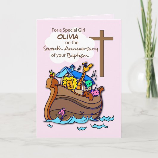 Aangepaste naam Zevende Jubileum Baptism Girl Kaart (Voorkant)