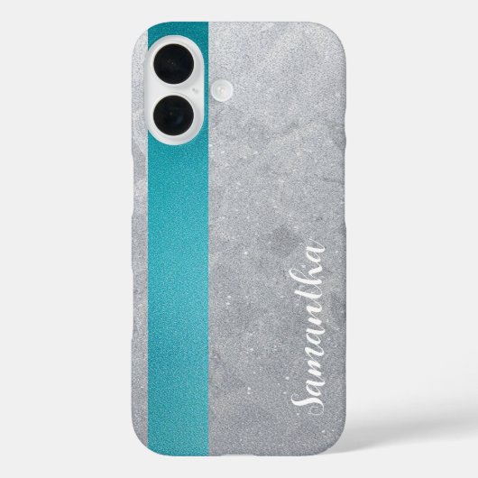 Aangepaste Naam Zilveren Glitter & Blauwgroen Stre Case-Mate iPhone Case (Achterkant)