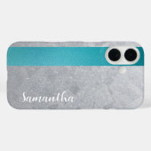 Aangepaste Naam Zilveren Glitter & Blauwgroen Stre Case-Mate iPhone Case (Achterkant (horizontaal))