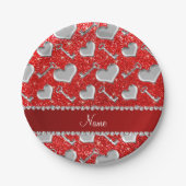 Aangepaste naam zilveren hartensleutels neonrood g papieren bordje (Voorkant)