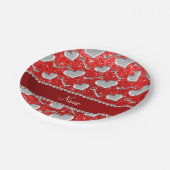 Aangepaste naam zilveren hartensleutels neonrood g papieren bordje (Gekanteld)