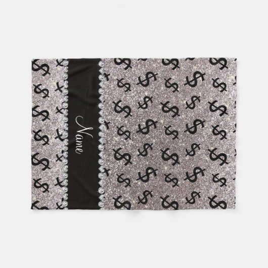 Aangepaste naam zilverglitter-dollartekens fleece deken (Voorkant (Horizontaal))