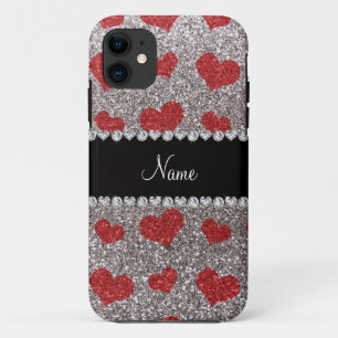 Aangepaste naam zilverglitter rode harten iPhone 11 hoesje