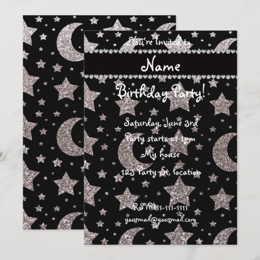 Aangepaste naam: zilverglitter sterren en manen kaart (Voorkant / Achterkant)