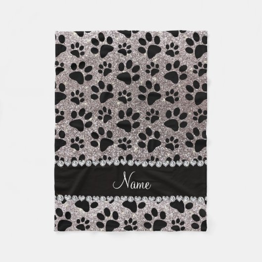Aangepaste naam zilverglitter zwarte hondenpoten fleece deken (Voorkant)