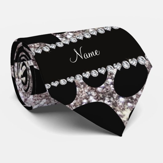 Aangepaste naam zilverglitter zwarte hondenpoten stropdas (Opgerold)