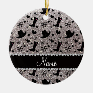Aangepaste naam zilverglittercowboylaarzen petten keramisch ornament