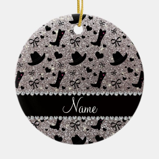 Aangepaste naam zilverglittercowboylaarzen petten keramisch ornament (Voorkant)