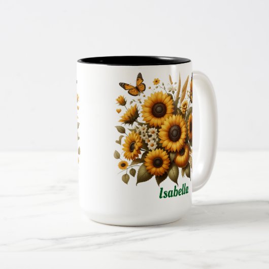 Aangepaste naam, zonnebloemen Two-Tone koffie Mok, Tweekleurige Koffiemok (Voorkant rechts)