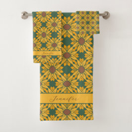 Aangepaste naam zonnebloempatroon op donkergroen bad handdoek