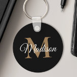 Aangepaste naam zwart monogramhandschrift handschr sleutelhanger<br><div class="desc">Creëer uw eigen gepersonaliseerde zwarte ronde sleutelhanger met uw douane elegante handgeschreven manuscriptnaam en monogram.</div>