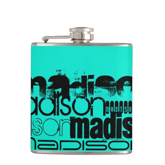 Aangepaste naam; Zwart & Neon Aqua Turquoise Heupfles (Voorkant)