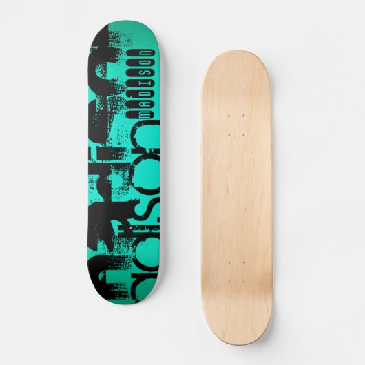 Aangepaste naam; Zwart & Neon Aqua Turquoise Skateboard (Voorkant)