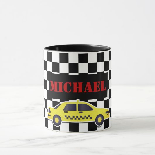 Aangepaste naam zwart/wit checkboard gele taxi mok (Midden)