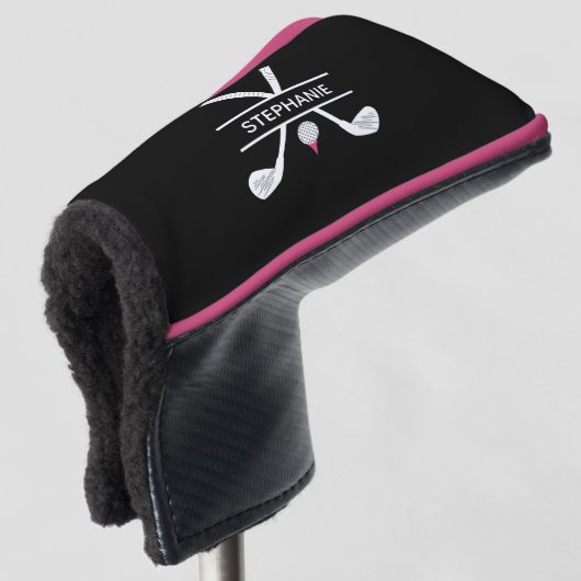 Aangepaste naam zwart wit roze golfheadcover (3/4 voorkant)
