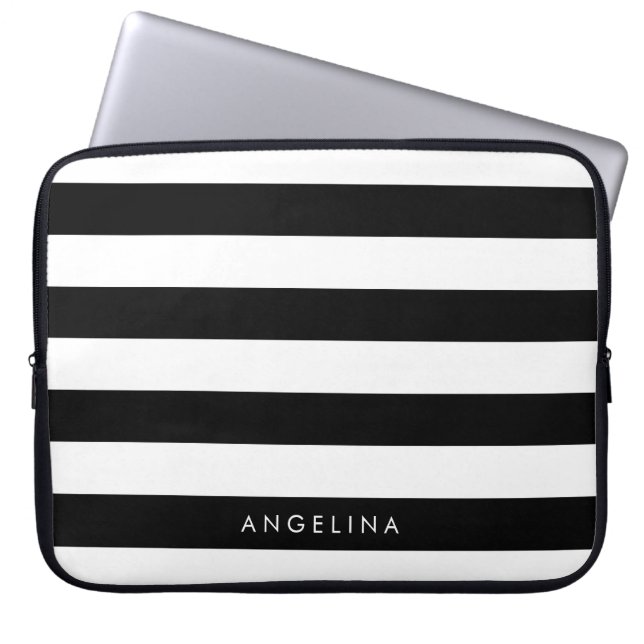Aangepaste naam zwart-wit Striped Patroon Laptop Sleeve (Voorkant)