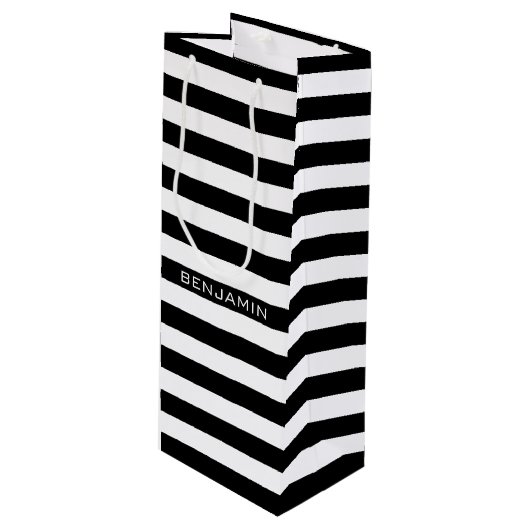 Aangepaste naam zwart-wit Striped Patroon Wijn Cadeautas (Voorkant Gekanteld)