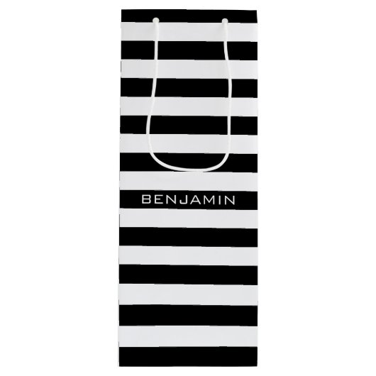 Aangepaste naam zwart-wit Striped Patroon Wijn Cadeautas (Voorkant)