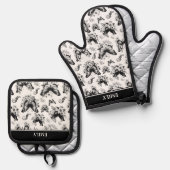 Aangepaste naam zwart-wit vlinderpatroon ovenwant & pannenlap set (Voorkant / Achterkant)