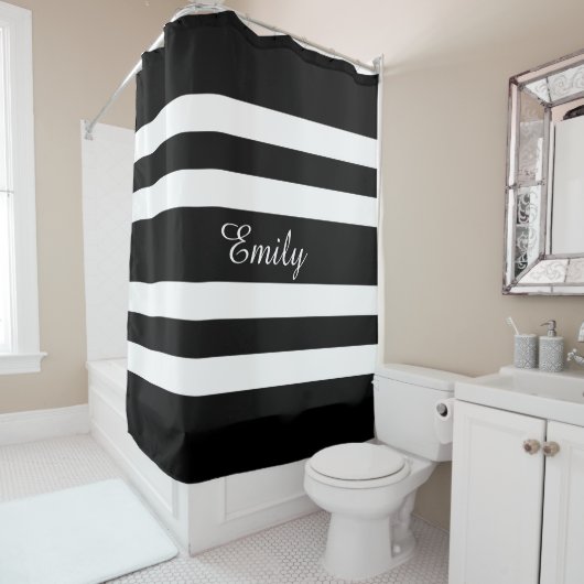 Aangepaste naam zwart-witte strepen douchegordijn (In situ)
