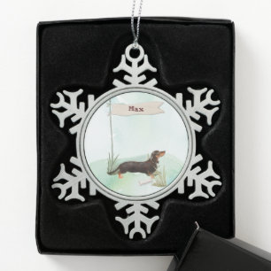 Aangepaste naam Zwarte en bruine dachshond huisdie Tin Sneeuwvlok Ornament