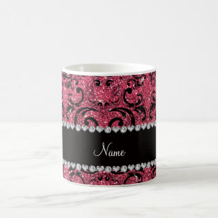 Aangepaste naam zwarte fuchsia roze glitter damask koffiemok