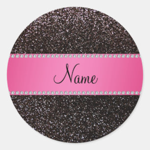 Aangepaste naam zwarte glitter roze streep ronde sticker