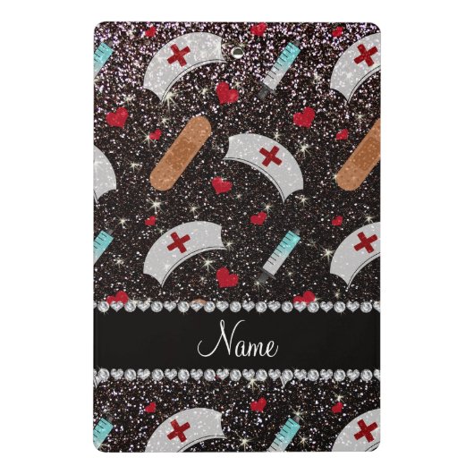 Aangepaste naam zwarte glitter verpleegster pet ha mini klembord (Achterkant)