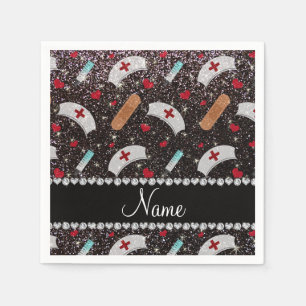 Aangepaste naam zwarte glitter verpleegster pet ha servetten