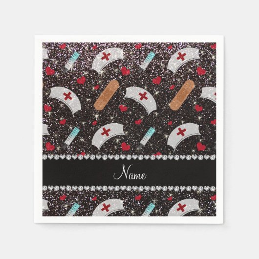 Aangepaste naam zwarte glitter verpleegster pet ha servetten (Voorkant)