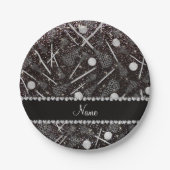 Aangepaste naam zwarte glitterlacrosse sticks papieren bordje (Voorkant)