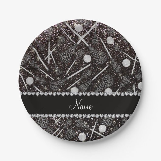 Aangepaste naam zwarte glitterlacrosse sticks papieren bordje (Voorkant)