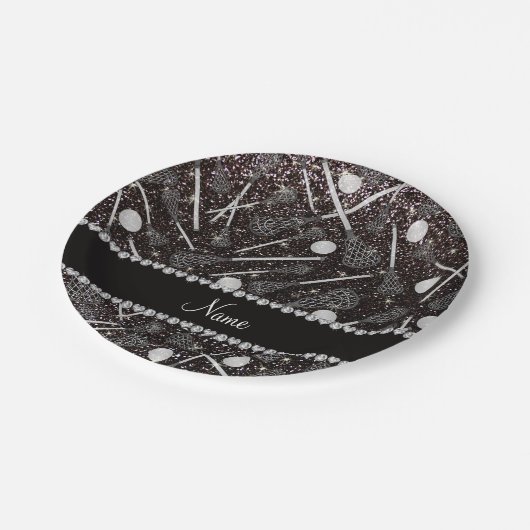 Aangepaste naam zwarte glitterlacrosse sticks papieren bordje (Gekanteld)