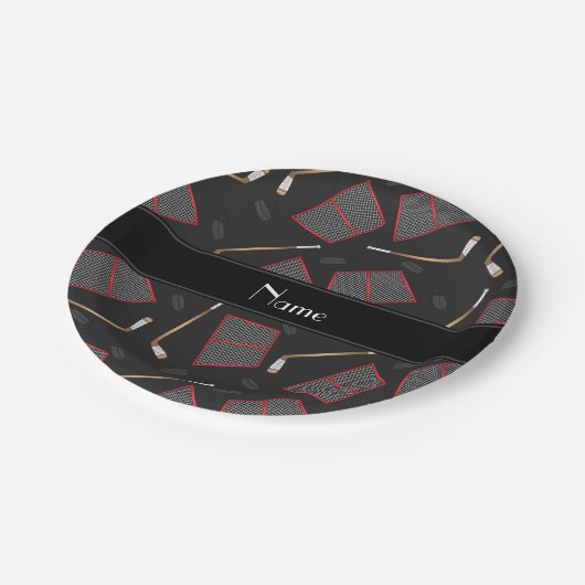 Aangepaste naam zwarte hockeysticks, kieuwnetten papieren bordje (Gekanteld)